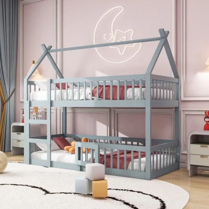 Lit superposé - Enfant - 90x200 cm - Bois massif - Design loft - Gris-0