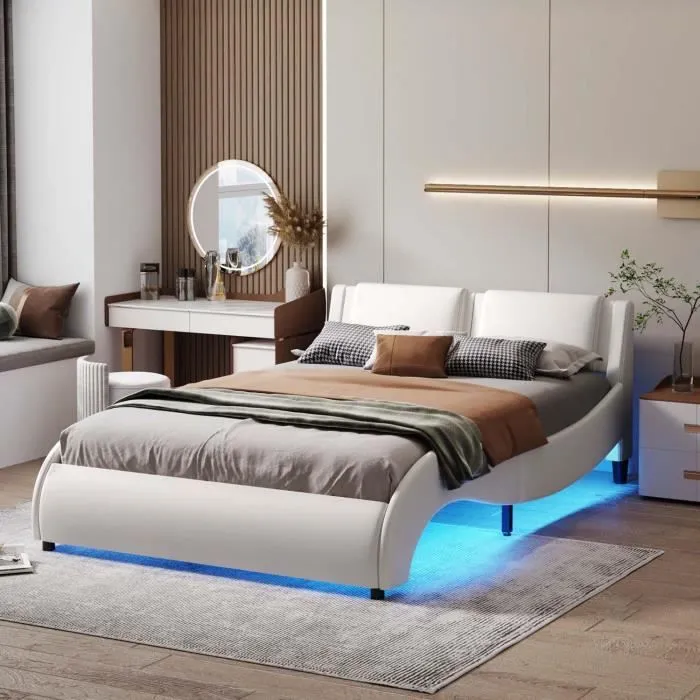 MODERNLUXE Lit adulte 140x200cm, lit double avec LED, sommier à lattes, matériaux bois et simili cuir, Forme du lit space, blanc-0