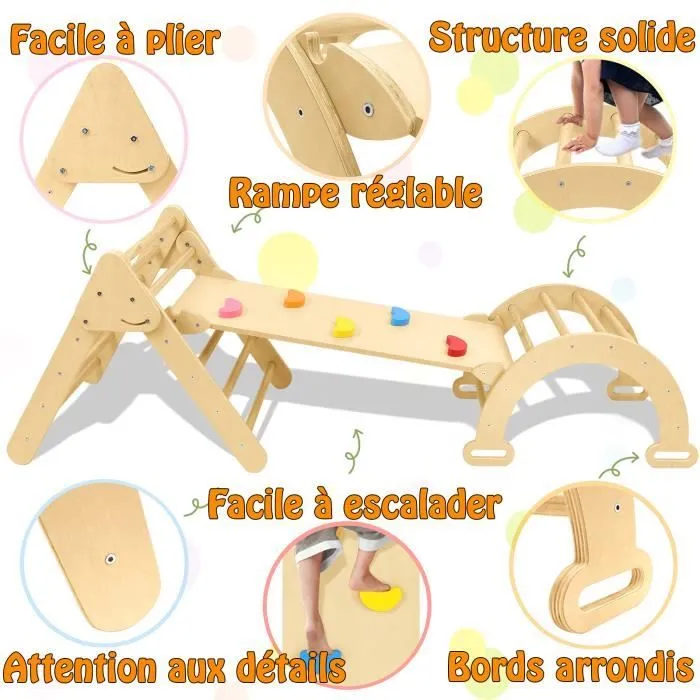 LZQ Triangle d'escalade 3 en 1 & échelle & toboggan pour enfants,Echelle d'escalade Montessori-Toboggan en bois Indoor-2