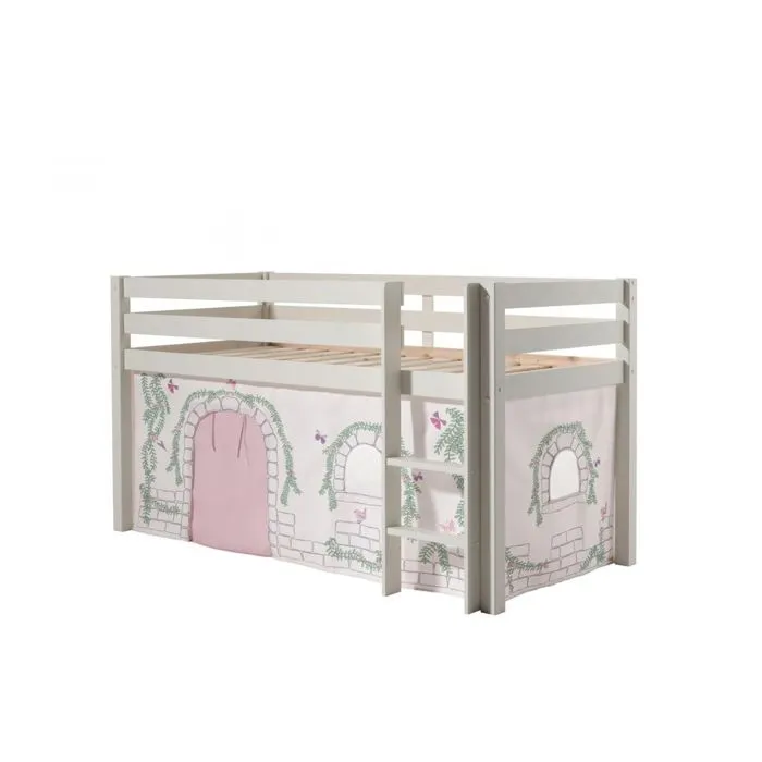 Lit mi-hauteur Charlotte en pin massif avec tente de lit Birdy - Vipack - Blanc - 90x200cm - Sommier inclus-1