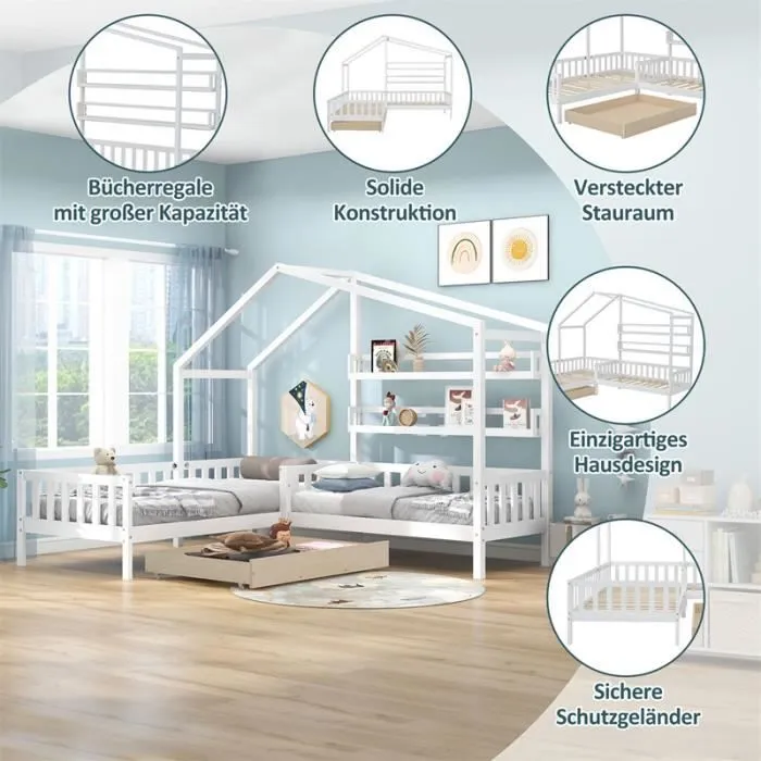 Lit cabane enfant - DREAMMESPACE - 90x200 cm - avec tiroirs et étagères - cadre en L - bois massif blanc-2