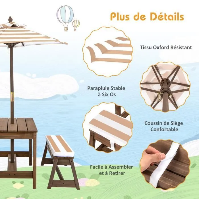 Table et 2 Bancs de Jardin avec Parasol et Coussins en Sapin pour 4 Enfants - COSTWAY-1