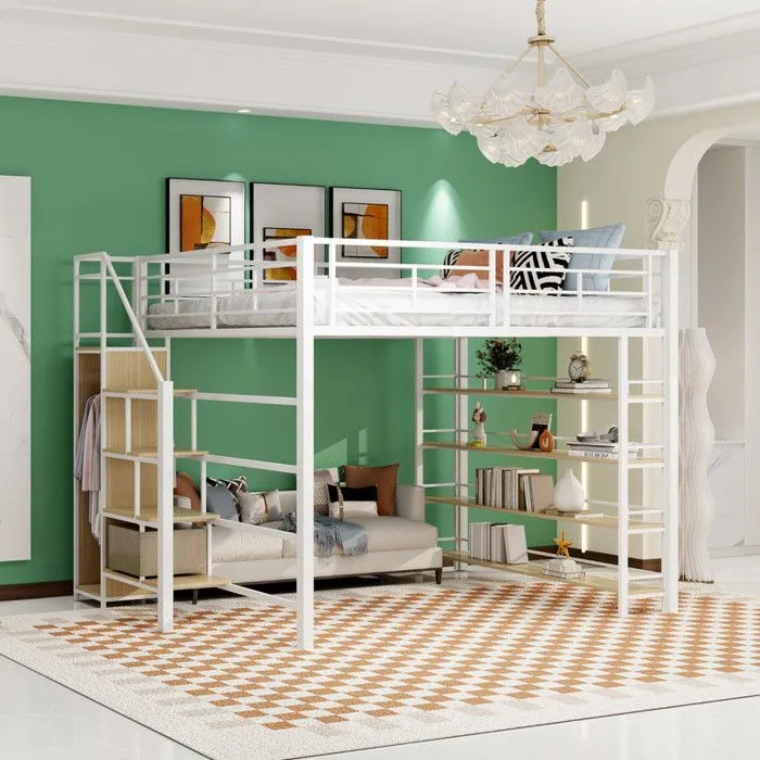 Lit mezzanine - Blanc - 90x200cm - Escalier de sécurité - Armoire intégrée - Design enfant-0