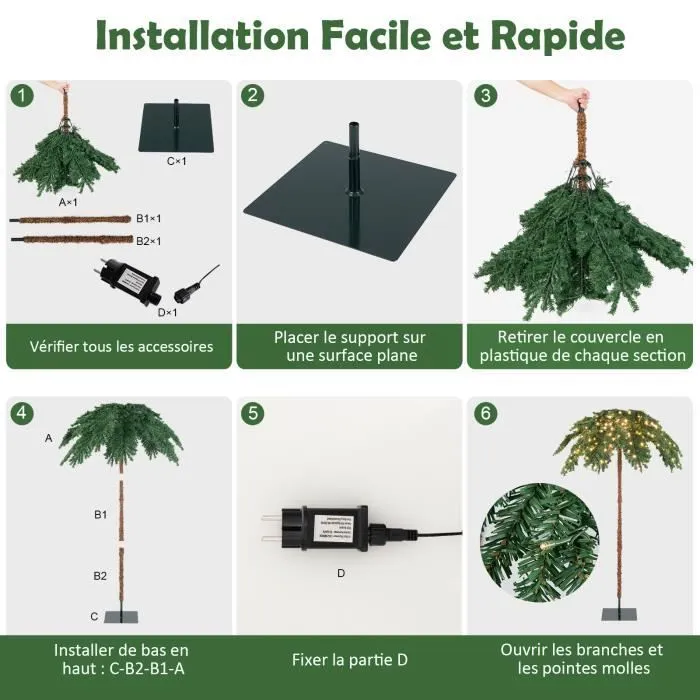 COSTWAY Sapin de Noël Lumineux 180 cm Feuilles Palmier avec 250 Lumières LED Blanc Chaud Base en Métal 813 Branches pour Porche-2