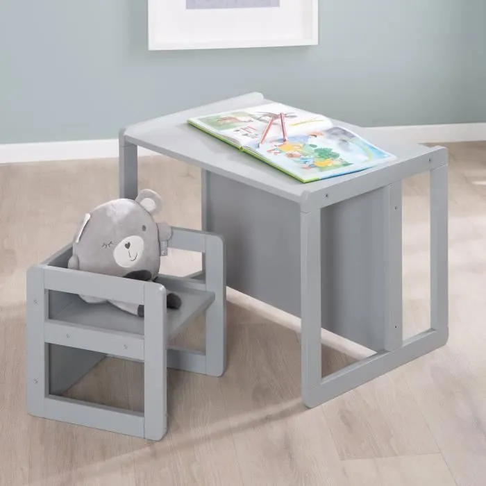 ROBA Ensemble Table et Chaise Réversible pour Enfant - Convertible en Banc et Tabouret - 3 Hauteurs Différentes - Bois Gris-1