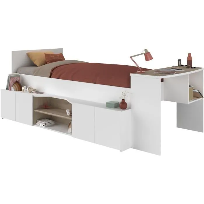 Lit combiné enfant avec rangements et bureau CLOE - 90 x 200 cm - Décor blanc et chêne - PARISOT-0