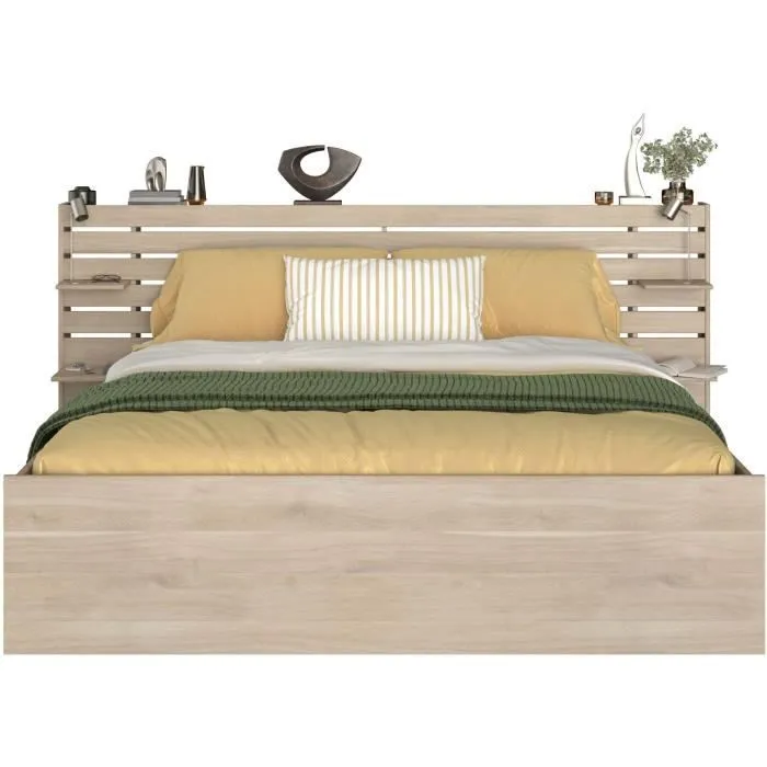 Lit adulte ESCALE 180x200 cm - Décor chêne du Japon - 2 tiroirs + Tête de lit - L235.4 x H98,2 x P216,8 cm - Fabriqué en France-2