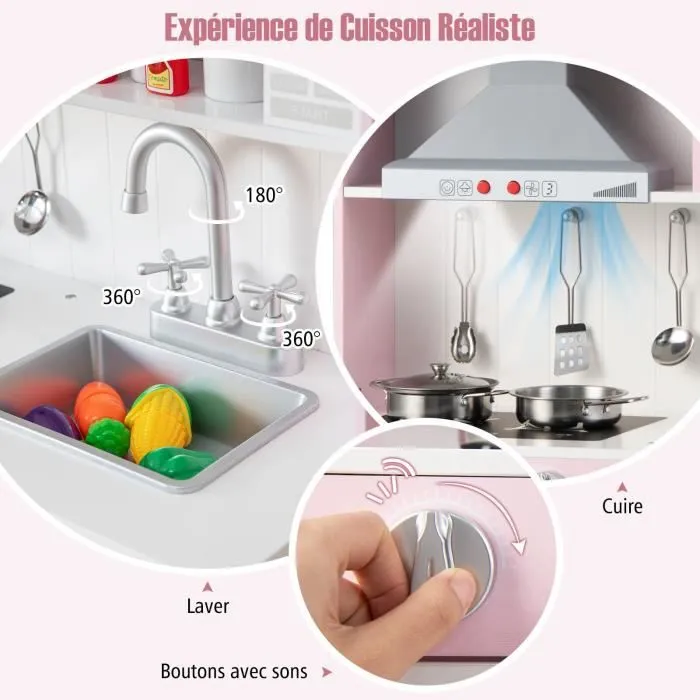 COSTWAY Cuisine pour Enfants 3 Ans+ en Bois - 5 Accessoires, Effect Sons et Lumières avec Téléphone, Rose-1