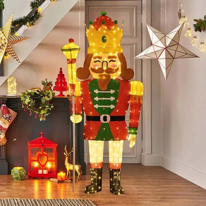 COSTWAY Roi Casse-Noisette 1,80 M Pré-éclairé Grandeur Nature avec 236 LED, Décoration de Noël Extérieure/Intérieure pour Cour, Porc-1