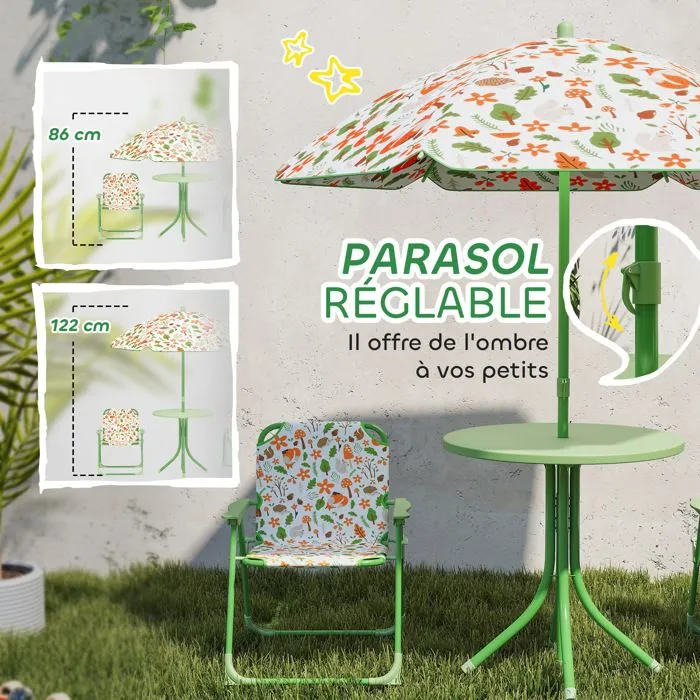Ensemble salon de jardin extérieur enfant - AIYAPLAY - motif éléphant et girafe, parasol réglable Ø 100 cm, chaise pliable - vert-5