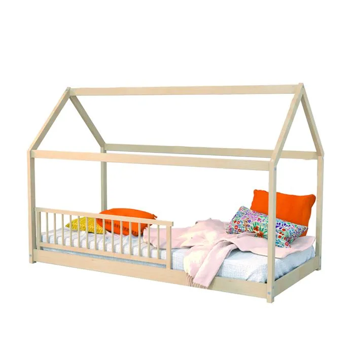 Lit cabane - WEBER INDUSTRIES - Panda - Barrière de lit amovible - Sommier inclus - Bois massif-1