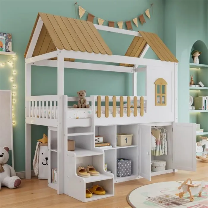 Lit superposé - Enfant - 90x200cm - Bois - Blanc + Naturel - Avec rangement et fenêtre-1