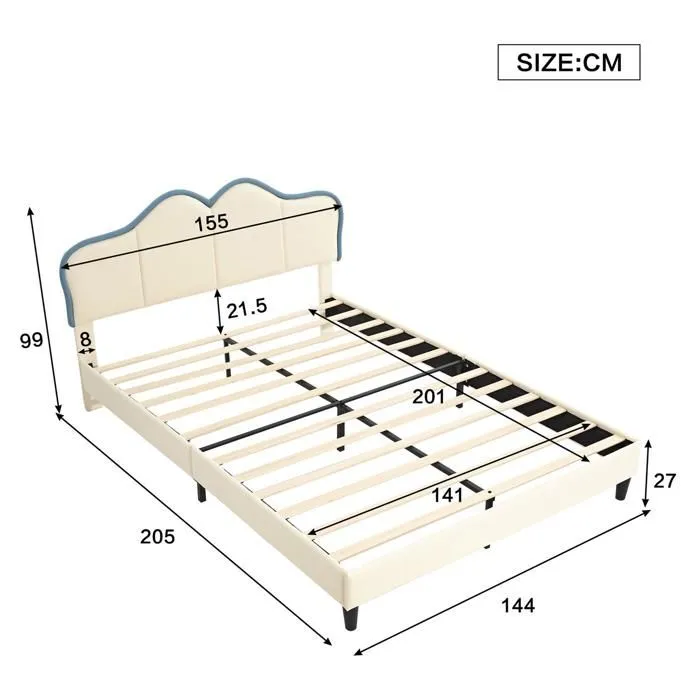 Lit bébé, blanc + bleu, sans matelas, 140x200 cm, avec bords de protection souples, lit double, PU-5
