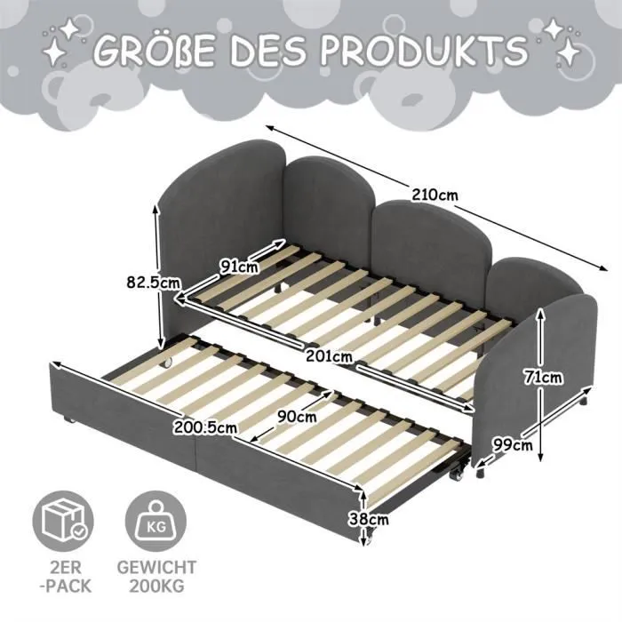 Lit gigogne - Non spécifié - 90x200 cm - Velours gris - 2 paquets - 250KG max-3