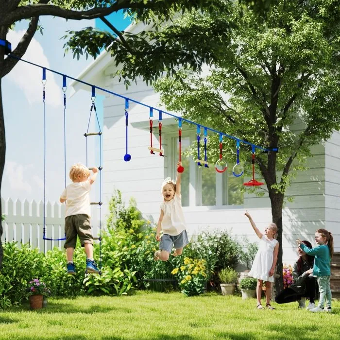 Parcours d'obstacles ninja pour enfants - AIYAPLAY - 10 accessoires - 10 m slackline et sac de transport - bleu-1