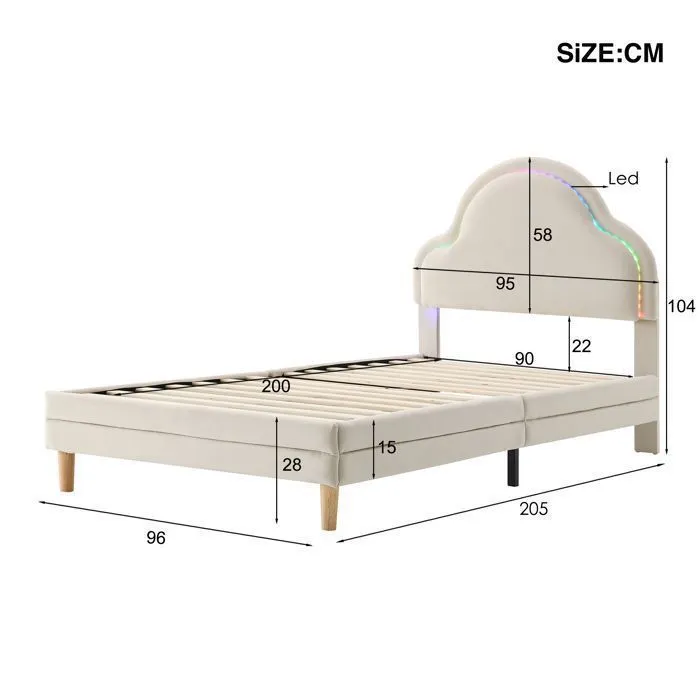 Lit simple enfant - Beige - 90x200 cm - Design nuage avec LED - Structure en bois - 1 place-3