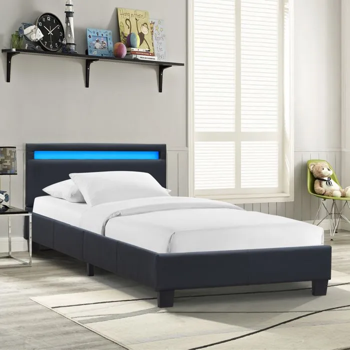 angel - Solide et Confortable Lit 90x200 avec Sommier Tte de Lit avec Eclairage LED Couleur NOIR Pieds en 10 c-0