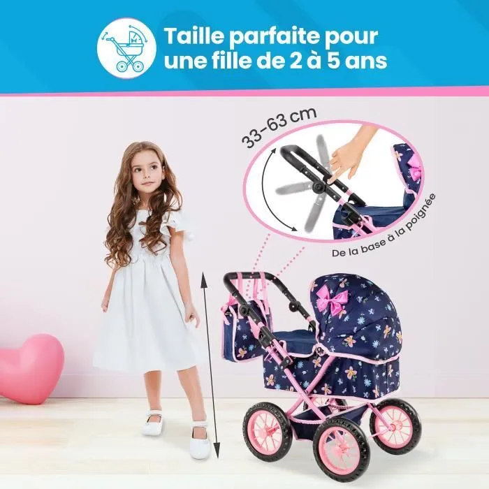 Poussette Poupee Kinderplay - Poussette Landeau Bebe pour Poupée - Poignée Réglable - Roues en Mousse-2