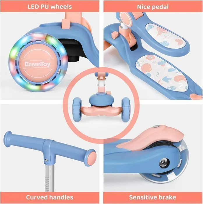 BremToy Trottinette Enfants avec Siège Pivotant à 360°, avec Roues LED, Guidon Réglable en Hauteur, Pliable pour Enfants, Rose-1