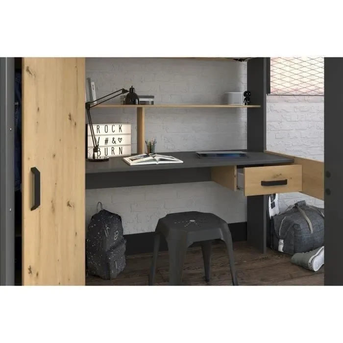 Lit combiné mezzanine enfant PARISOT HIGH - Chêne et gris - Sommier inclus - 90 x 200 cm-4