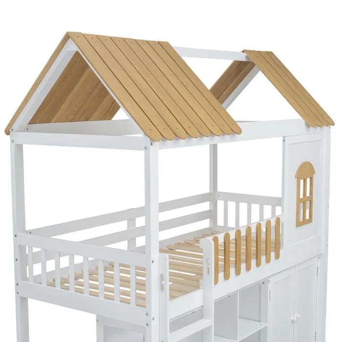Lit mezzanine 90x200 cm - en bois de pin - avec étagères, armoire et escalier de rangement - Blanc & Naturel-5