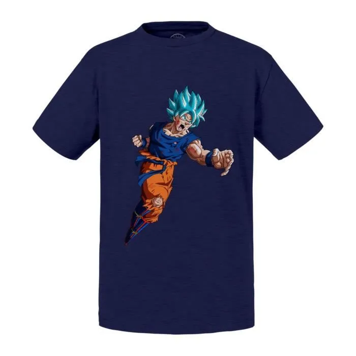 T-shirt Enfant Bleu Dragon Ball Super Son Goku Super Saiyan Attaque Cheveux Bleus Anime Manga Japon-0
