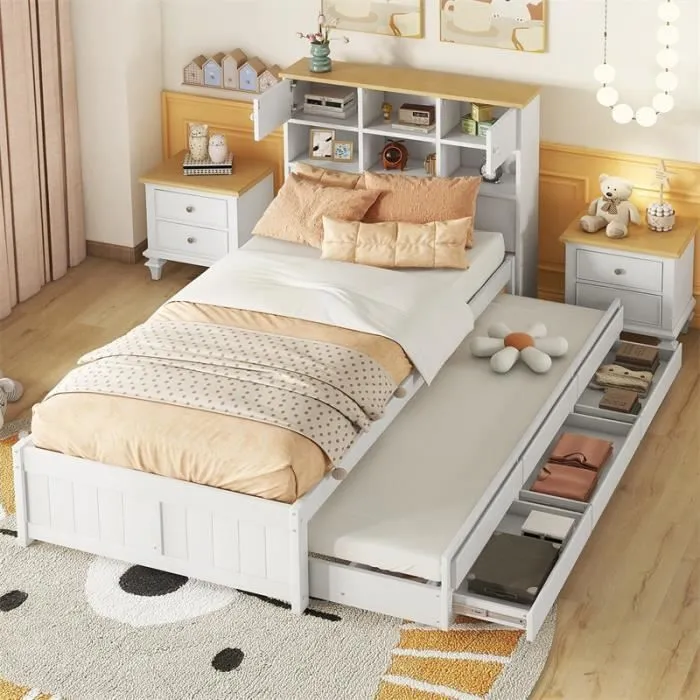 Lit gigogne - Blanc - 90x200cm + 90x190cm - 3 tiroirs - Sommier à lattes - Enfant-0