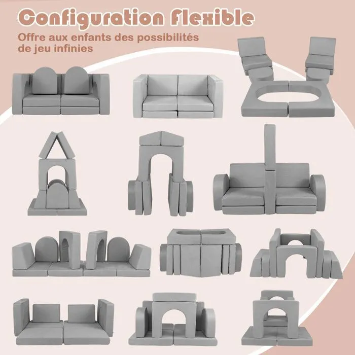 COSTWAY Canapé Bebe Modulaire pour Enfants 8 Pièces Convertible en Mousse, pour Grimper et Ramper, Tissu en Daim Confortable Gris-1