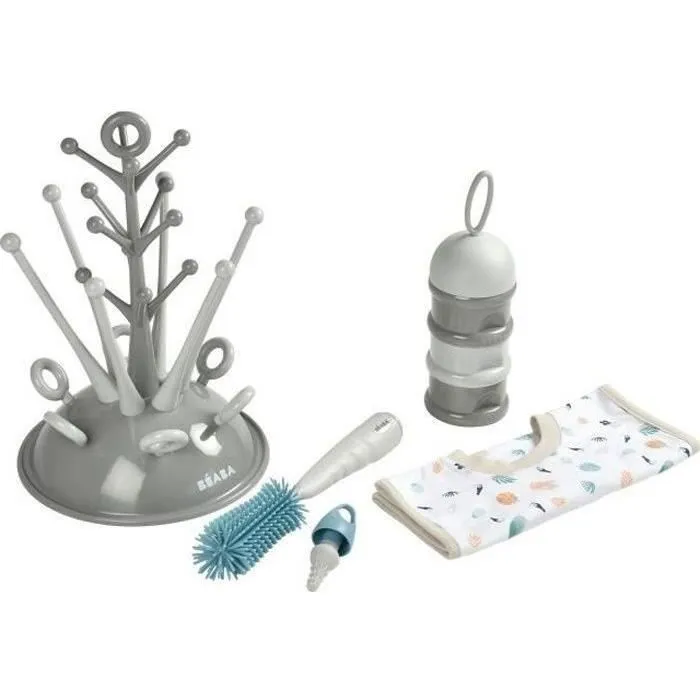 BEABA, Coffret naissance, Egoutte biberon arbre grey + Boite doseuses light/dark mist + Goupillon silicone + Bavoir coton tropical-0