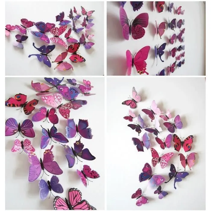 Décoration murale - TRIXES - Lot de 12 Papillons Magnétiques 3D - Rose et Violet - Asymétrique - Contemporain-3