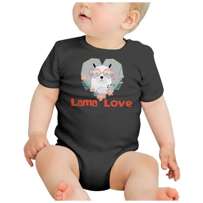 Body Bébé Manche Courte Noir Lama Love Dessin Illustration Hippie Peace-1