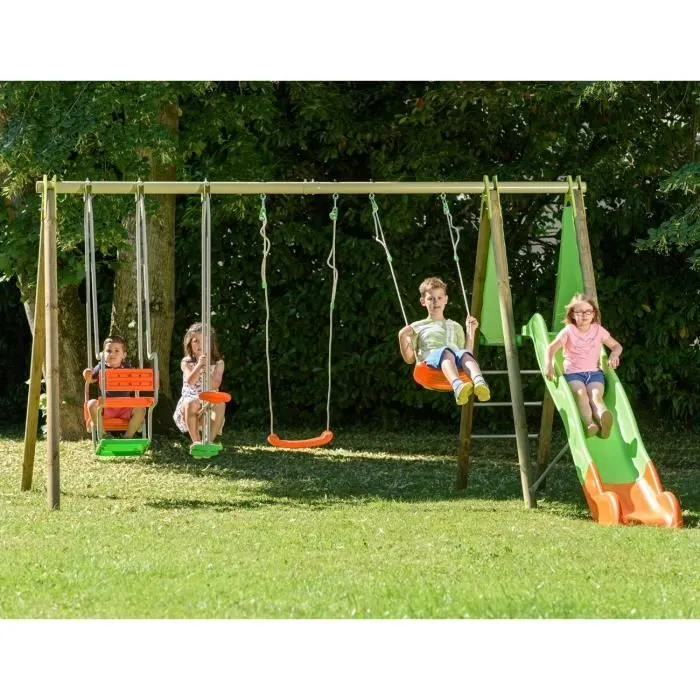 Portique bois et métal - 2,30m - 2 balançoires, 1 face à face, 1 nacelle et 1 toboggan 2,63m - KAHUNA TRIGANO-1