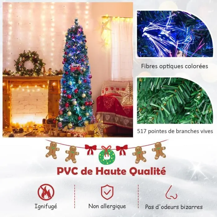 COSTWAY Sapin de Noël Artificiel 180 cm avec Fibre Optique Colorées 517 Branches PVC Forme de Crayon Décoration de Noël pour Maison-1
