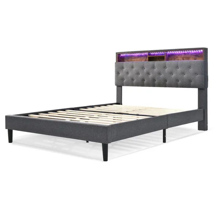 Lit adulte 140x200 cm - Tête de lit avec rangement, LED - Gris - MODERNLUXE - Design contemporain-3