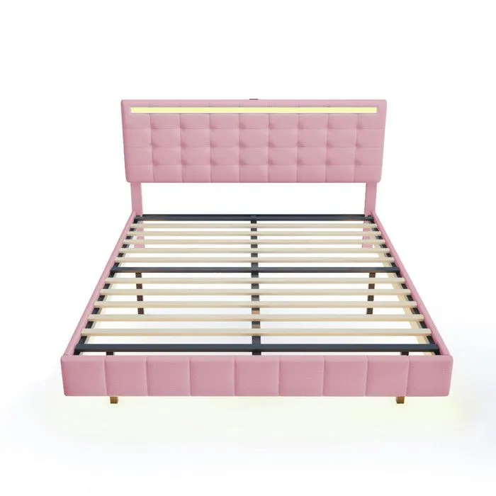 MODERNLUXE Lit rembourré 160x200 cm, avec éclairage LED et tête de lit design, sommier à lattes, rose-2