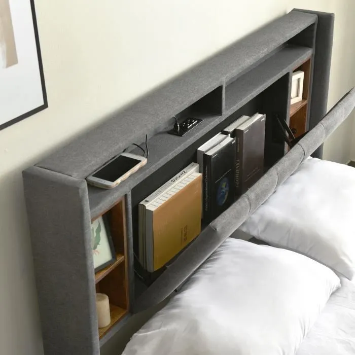 BM lit double 140x200cm, tissu en lin, avec étagères de rangement, LED, lit capitonné adulte, sommier à lattes en bois massif, gris-2