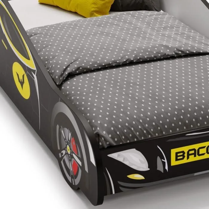 Lit Complet Enfant Lit voiture de course pour enfants - BATCAR - 80 x 160 cm - Noir - Avec Sommier et Matelas-2