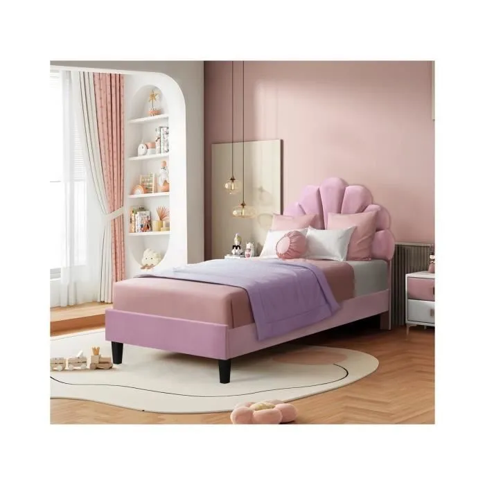 Lit coquillage en velours " Manon " - 90 x 190 cm - Rose-1