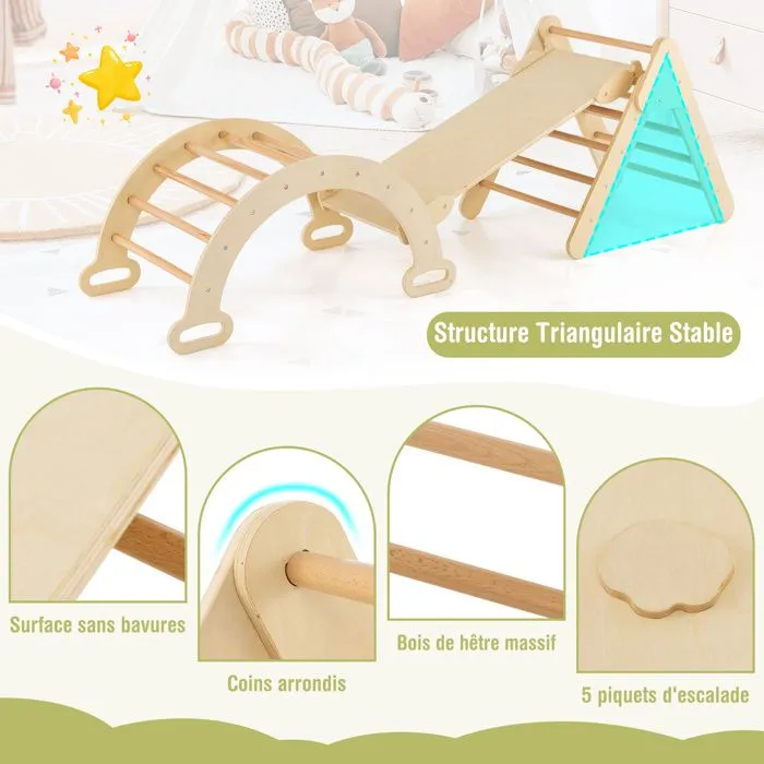 7 en 1 Triangle d'Escalade COSTWAY avec Toboggan/Arche/Rampe - Échelle Réglable, Charge 50KG, pour Bébé 1 Ans+ Naturel-4