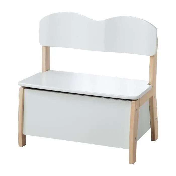 Banc Coffre à Jouets pour Enfant en Bois - ROBA - Meuble de Rangement 2 en 1 - Blanc / Naturel-0