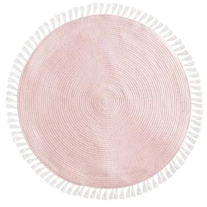 Tapis à Frange Lurex - PARIS PRIX - Rond - 90 cm - Coton - Naturel - Rose-0