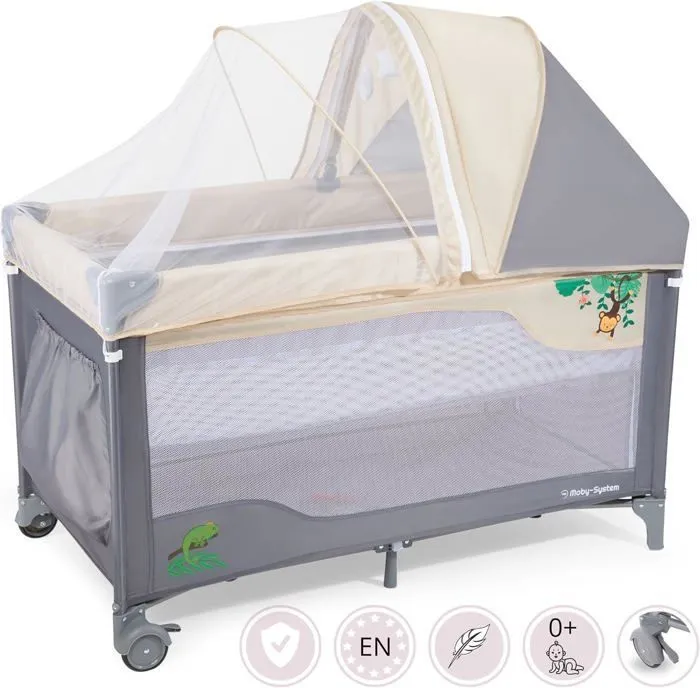 Moby-System Lit Parapluie Pliable & Parc Bébé 2EN1 | 2 Niveaux Matelas Haut Bas Jusqu'à 25 kg| Moustiquaire Sac Transport| CE-4