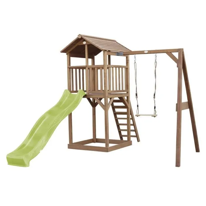 AXI Beach Tower Aire de Jeux avec Toboggan en vert clair, Balançoire & Bac à Sable | Grande Maison enfant extérieur en marron-0