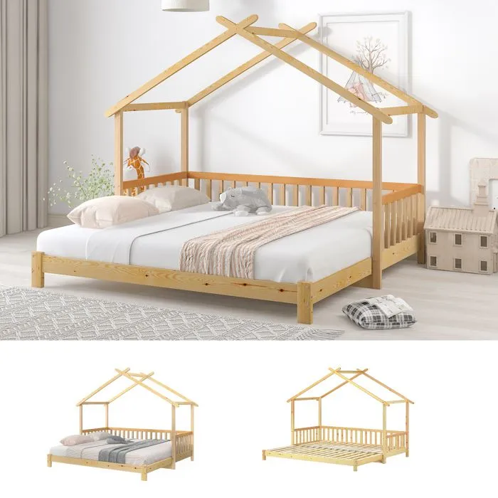 Lit Cabane Extensible,Lit Enfant - en Bois Massif - avec Barrière - 90*200 cm/180*200 cm- couleur bois naturel-1
