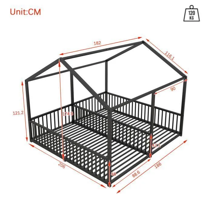 Lit cabane enfant - DREAMMESPACE - 90x200cm - Métal noir - 2 places - Balustrade de sécurité-3