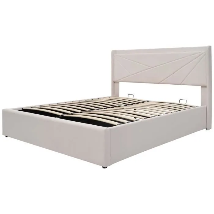 ModernLuxe Lit coffre 140x200cm - lit adulte avec port USB + sommier à lattes + tissu en lin - beige-2