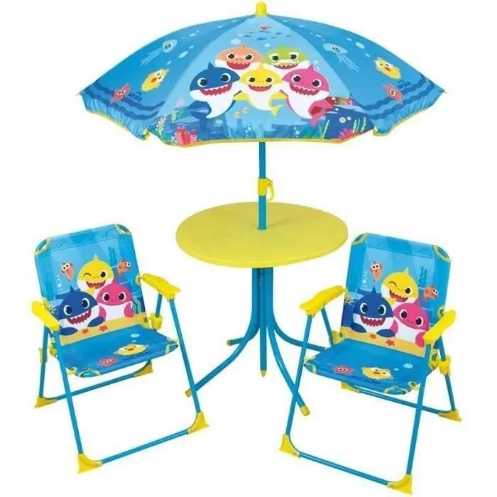 FUN HOUSE Baby Shark Salon de jardin - 1 table H.46xø46 cm, 2 chaises H.53xl.38,5xP.37,5 cm et 1 parasol H.125 x ø100 cm-0