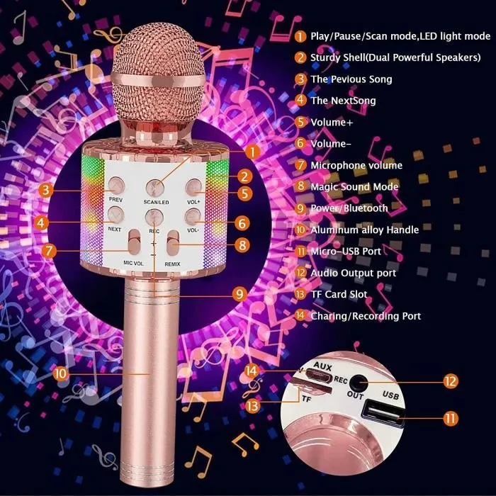 Microphone Karaoké Sans Fil - ELCKNER - Or Rose - 4-en-1 Multifonction - Effet Sound Magic - LED Colorées-1