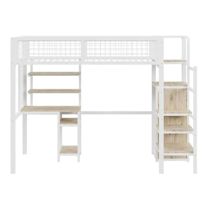 Lit mezzanine - LOFT - 90x200 cm - Métal blanc - Échelle de sécurité - Rangement intégré-3