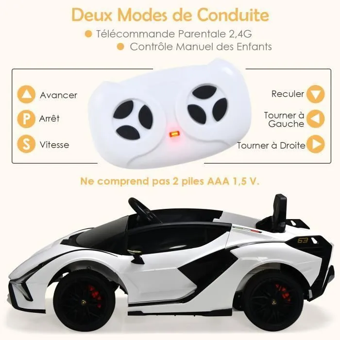 Voiture électrique Lamborghini SIAN pour enfants 3-8 ans - COSTWAY - Blanc - MP3, USB, Radio, Télécommande 2.4G-1